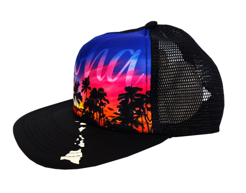 Hawaiian Headwear Front Photo Sunset Foam Trucker Hat - Black