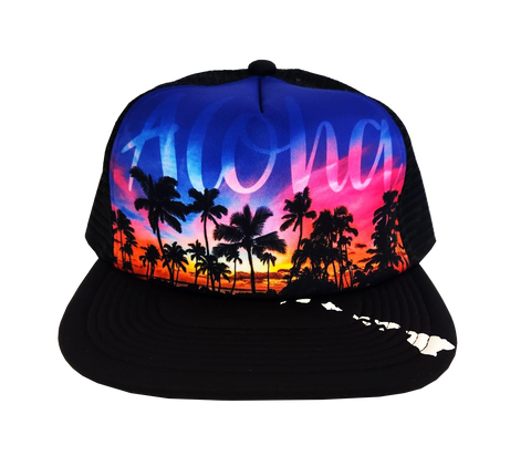 Hawaiian Headwear Front Photo Sunset Foam Trucker Hat - Black