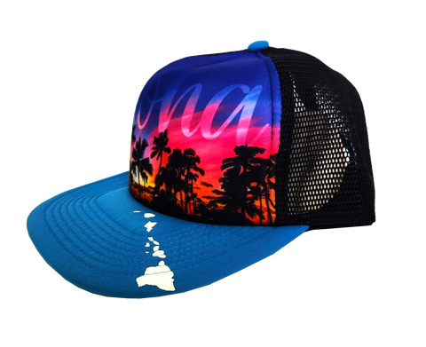 Hawaiian Headwear Front Photo Sunset Foam Trucker Hat - Blue