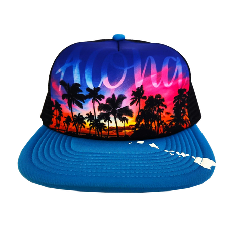 Hawaiian Headwear Front Photo Sunset Foam Trucker Hat - Blue