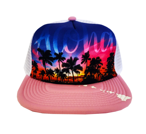 Hawaiian Headwear Front Photo Sunset Foam Trucker Hat - Pink