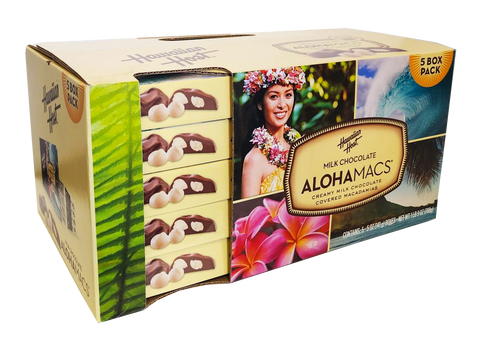 Hawaiian Host Milk Chocolate "ALOHAMACS" Creamy Milk Chocolate Covered Macadamias 5 Pack/5oz