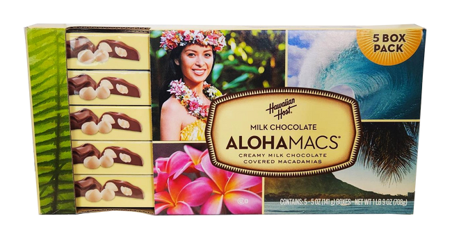 Hawaiian Host Milk Chocolate "ALOHAMACS" Creamy Milk Chocolate Covered Macadamias 5 Pack/5oz