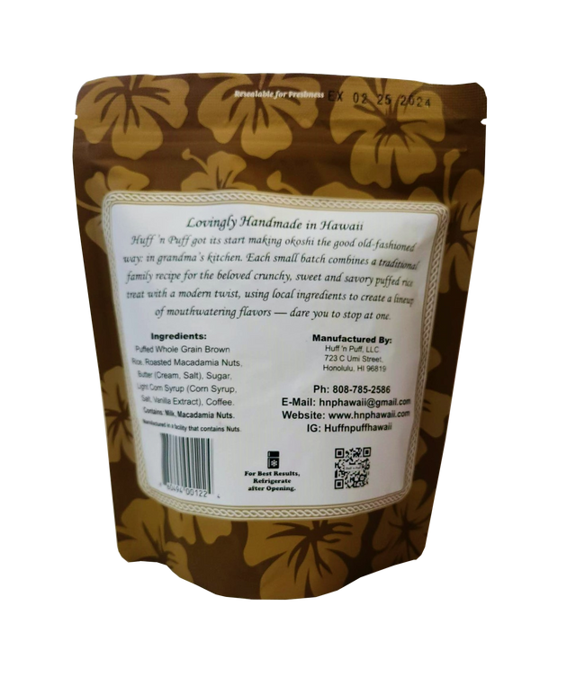 Huff 'N Puff Kona Coffee Macadamia Nut Delights Premium Puffed Rice Snacks 5 oz