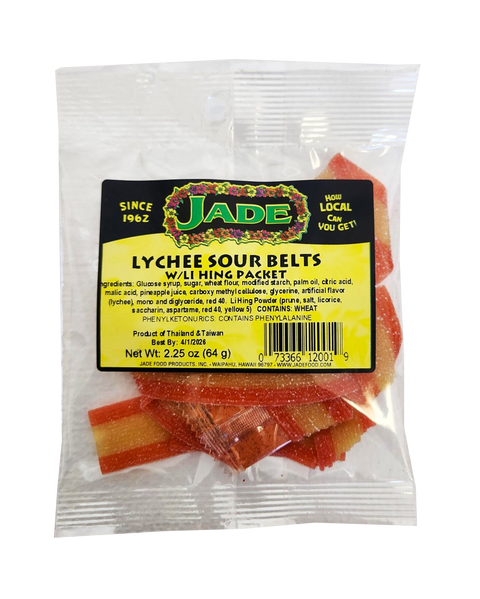 Jade Lychee Sour Belts w/Li Hing Packet 2.25 oz (NOT FOR SALE TO CALIFORNIA)