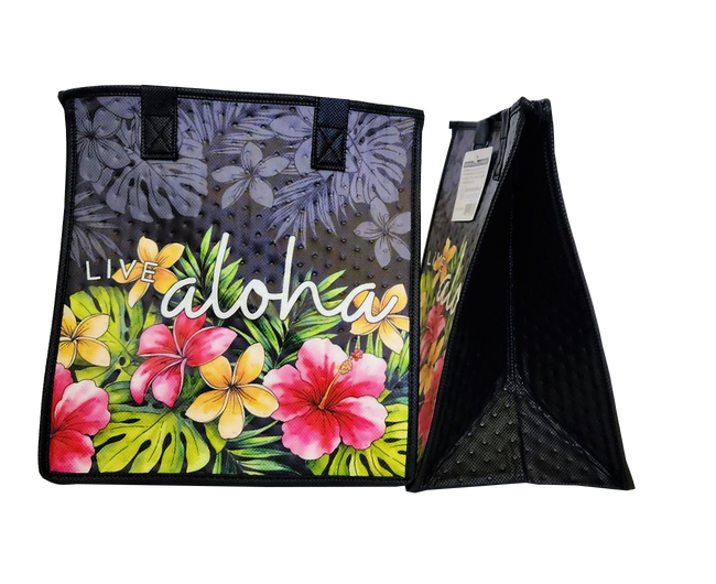 Tropical Paper Garden Hawaiian Hot/Cold Reusable Medium Bag - LIVE ALOHA BLACK