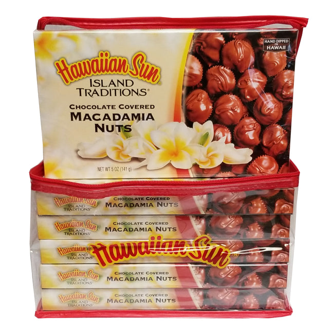 Hawaiian Sun Island Traditions Chocolate Covered Macadamia Nuts 5oz (6 Pack with Tote)