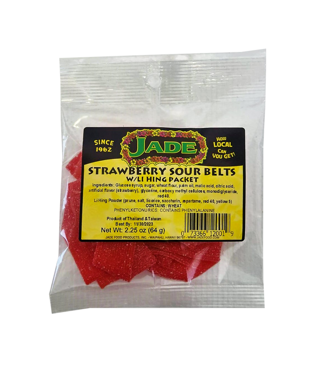 Jade Strawberry Sour Belts w/ Li Hing Packet 2.25 oz (NOT FOR SALE TO CALIFORNIA)